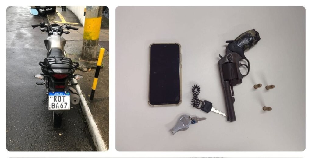 Com dupla de criminosos foram apreendidos um revólver calibre 38, munições, uma motocicleta e um celular.