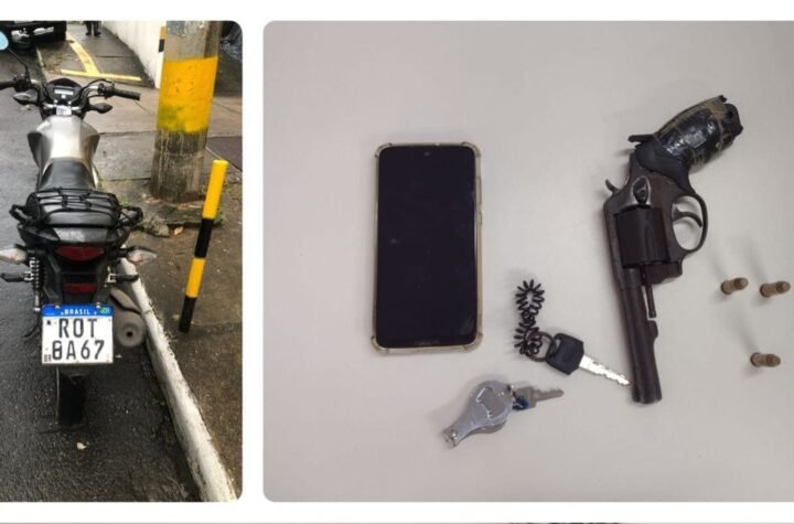 Com dupla de criminosos foram apreendidos um revólver calibre 38, munições, uma motocicleta e um celular.